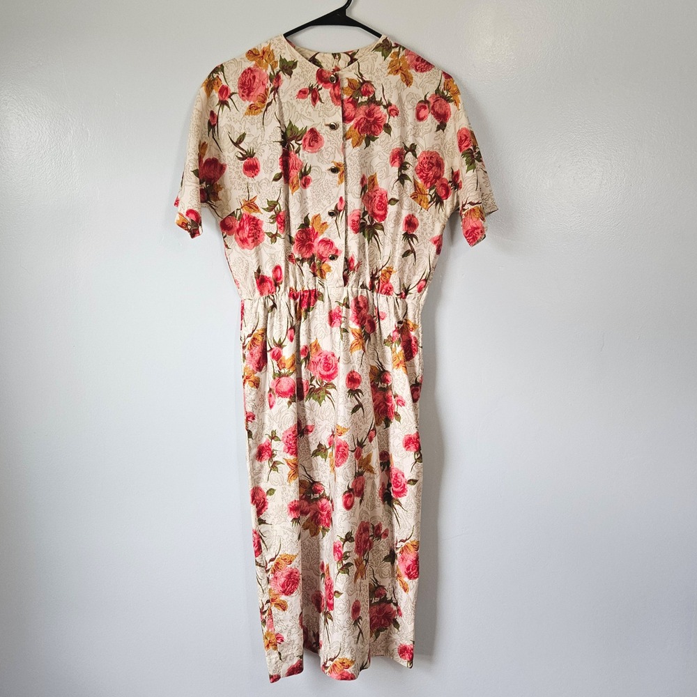 Vtg 50s 60s Floral Rose Print Midi Day Dress Short Sleeve Cream Red Pink